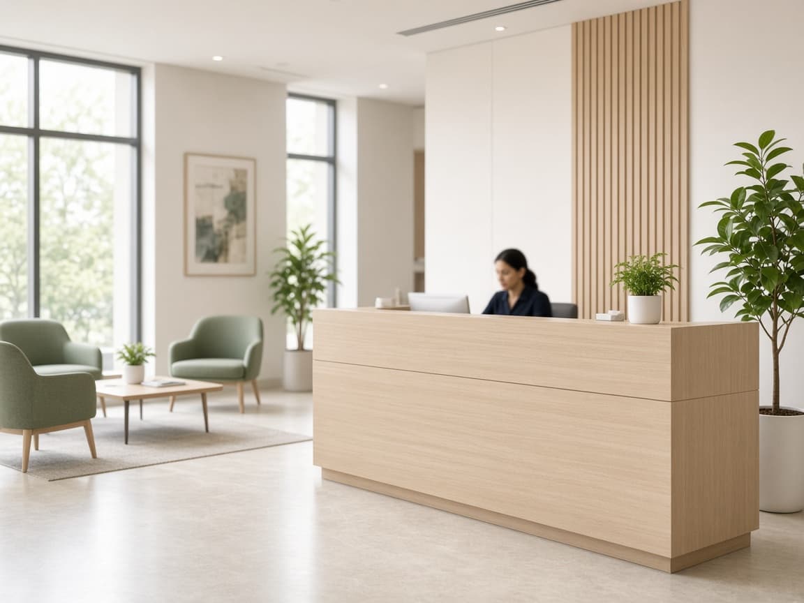 A bright clinic reception with a wooden front desk, a receptionist and a waiting area.