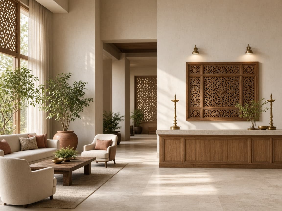 A warm hotel lobby with a wooden front desk, carved jali screens, brass lamps and lounge seating.
