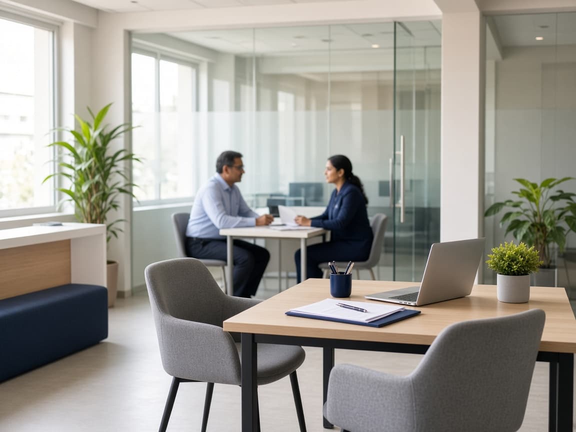 A finance branch office where a relationship officer talks with a customer at a consultation table.