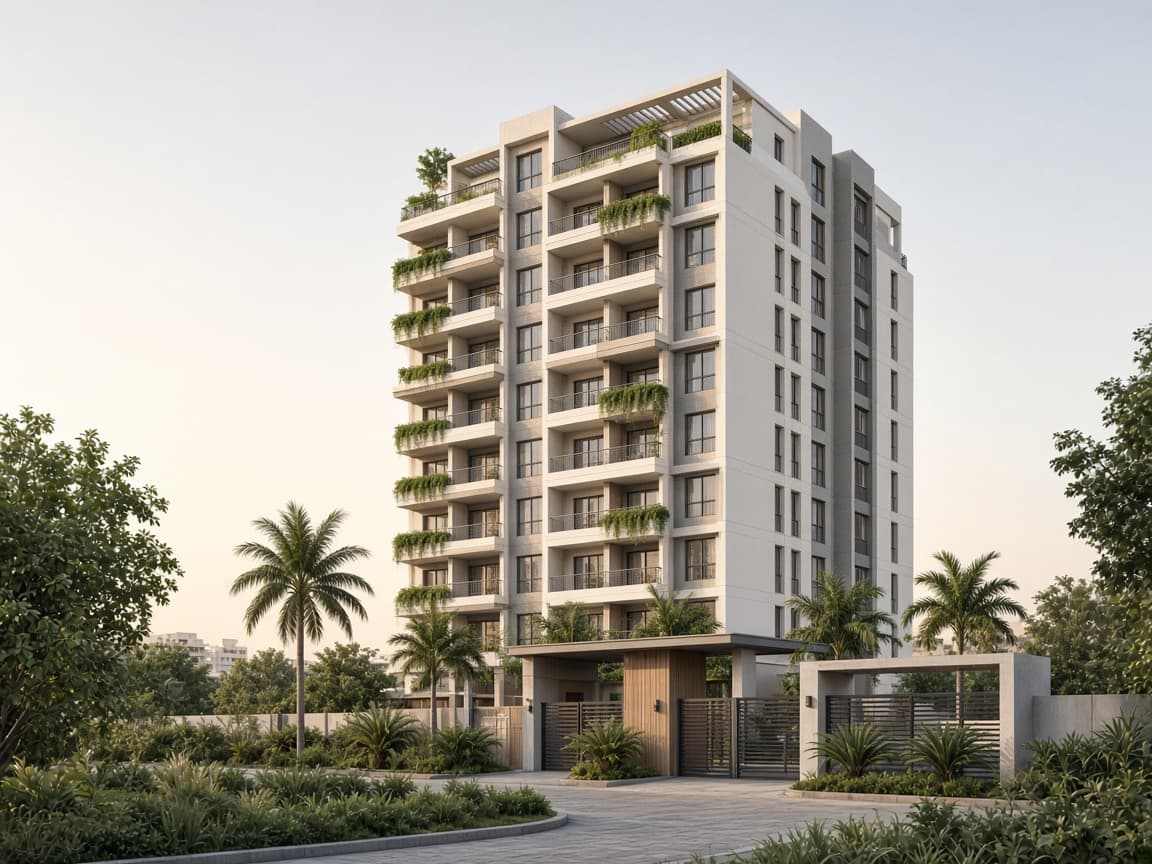 A modern residential apartment tower with balconies and palm trees at the entrance.